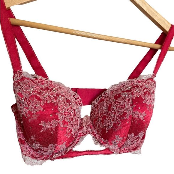 VICTORIA'S SECRET Red Lace DREAM ANGELS LINED DEMI Underwire Bra Bling Size 32DD - Picture 2 of 6